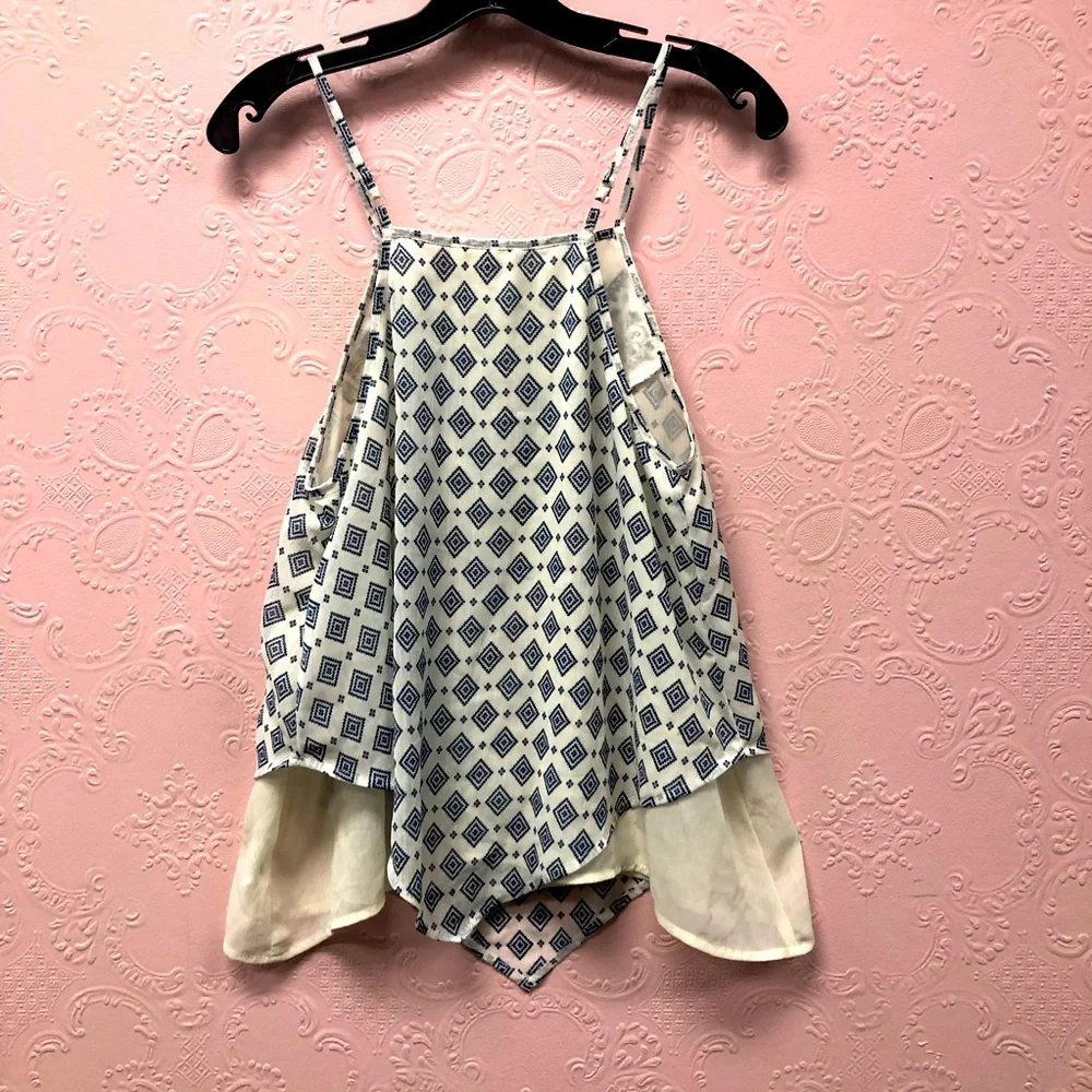 ABOUT A GIRL cami tank top blouse navy blue and ivory handkerchief cut S - Picture 2 of 9